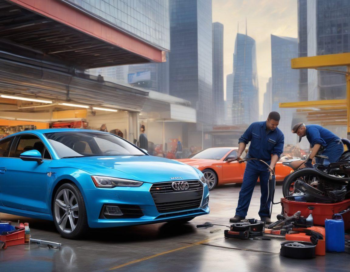 A dynamic scene showcasing a diverse group of drivers engaged in various vehicle maintenance activities, such as checking oil levels, changing tire, and cleaning interiors. Include tools like wrenches and polishing cloths, with a vibrant city background that suggests trends in auto care. Embrace a feel of teamwork and vitality among the drivers. super-realistic. vibrant colors. 3D.